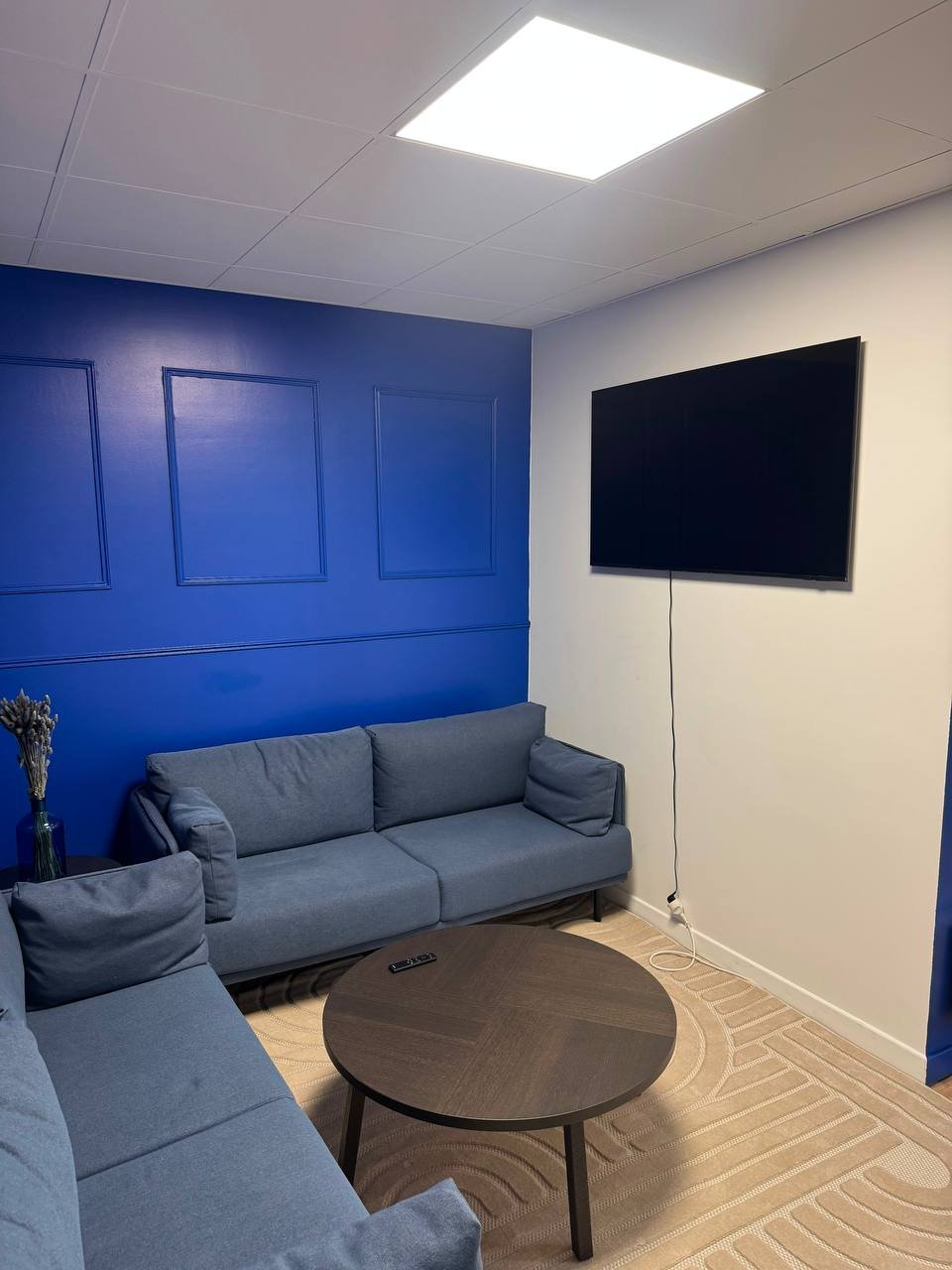 Décor Lounge Bleu : mur bleu, canapés gris et écran mural